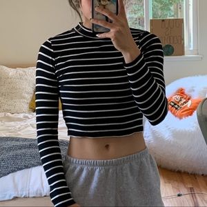 Striped black and white mock neck long sleeve crop